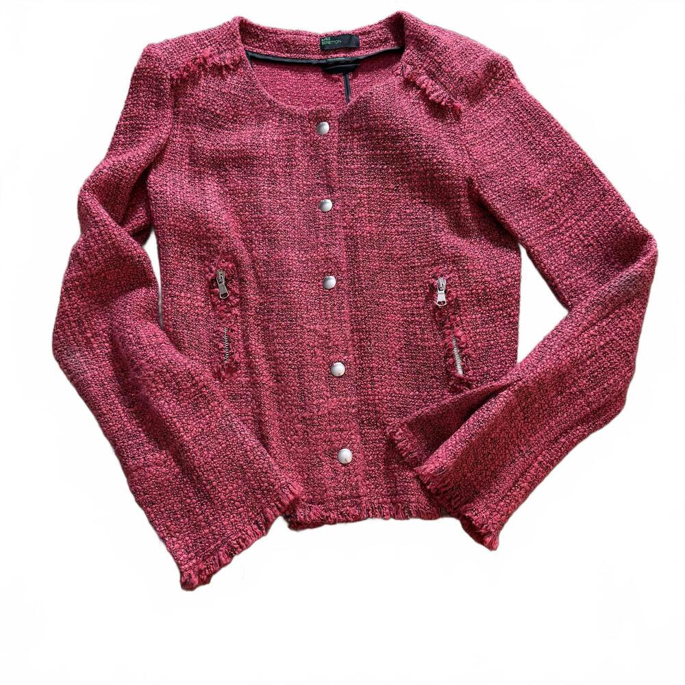 STILE BENETTON VTG Pink/Black Wool Blend Tweed Full Zip Scoop Neck Blazer SZ 2
